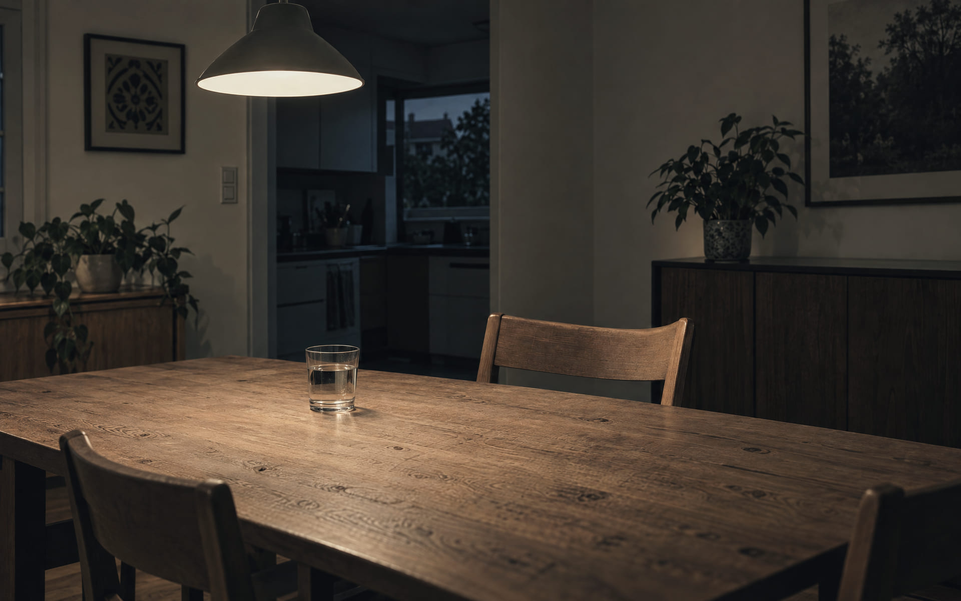 Ein abgeräumter Küchentisch am Abend, ein Wasserglas und ein zurückgeschobener Stuhl im warmen Licht einer Deckenlampe.