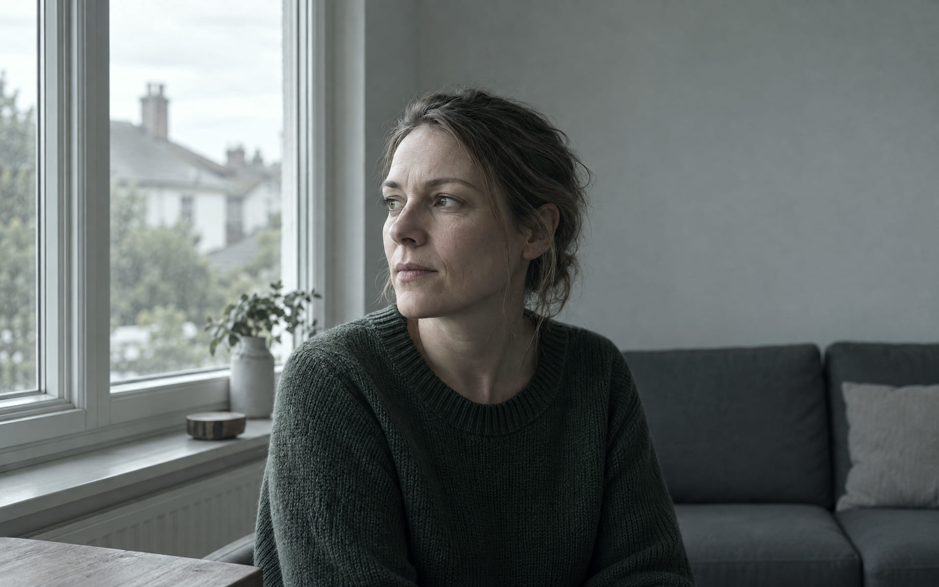 Christine Wefers, Mitte vierzig, sitzt am Fenster und schaut zur Seite, das Gesicht im weichen Seitenlicht.