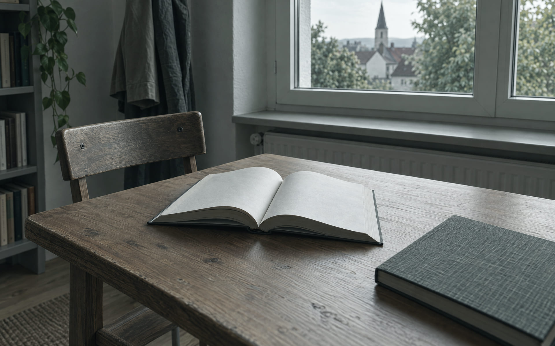 Aufgeschlagene Buchseiten auf einem Tisch, schräg von oben fotografiert, daneben die Kante eines zweiten Buches.
