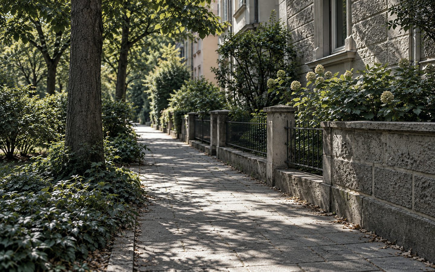 Der unregelmäßige Schatten eines Straßenbaums liegt auf einem hellen Gehweg zwischen Vorgärten und Wohnhäusern.