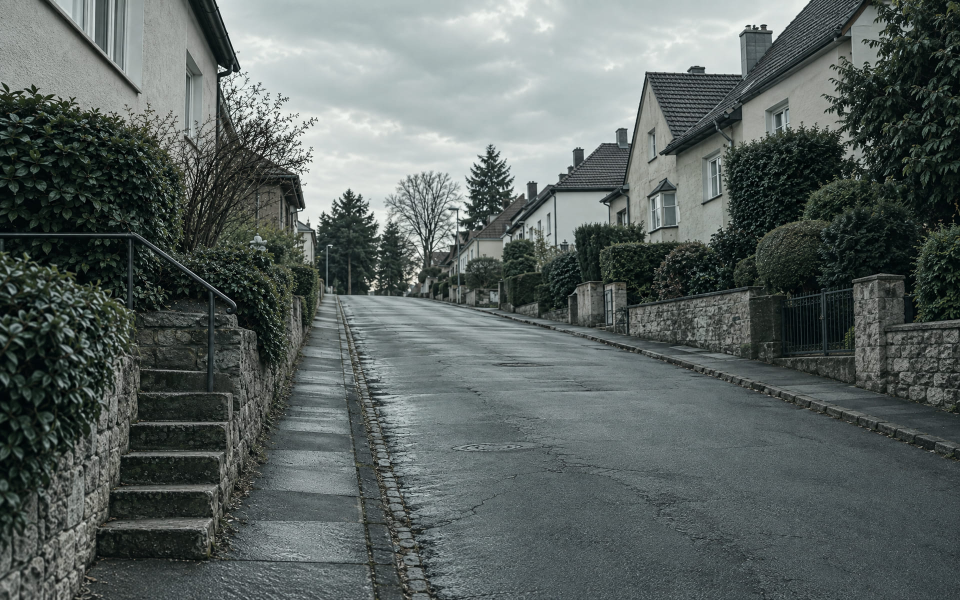 Eine ansteigende Wohnstraße mit einer flachen Treppe am Rand, geschnittene Hecken und Reihenhäuser aus den fünfziger Jahren.