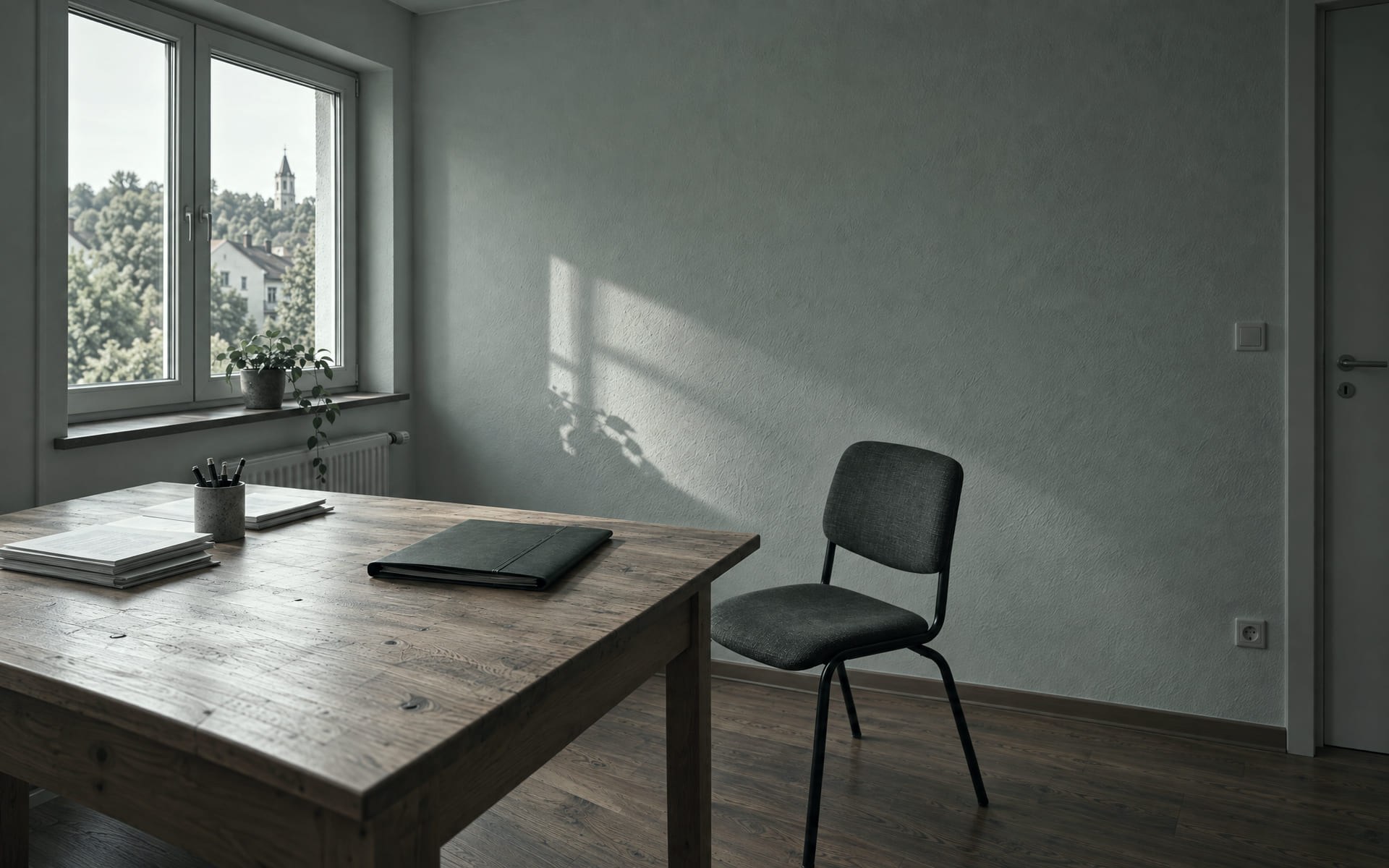 Ein abgeräumter Arbeitstisch mit einem Stuhl, der leicht vom Tisch weggezogen ist, daneben eine leere Wandfläche im Seitenlicht.