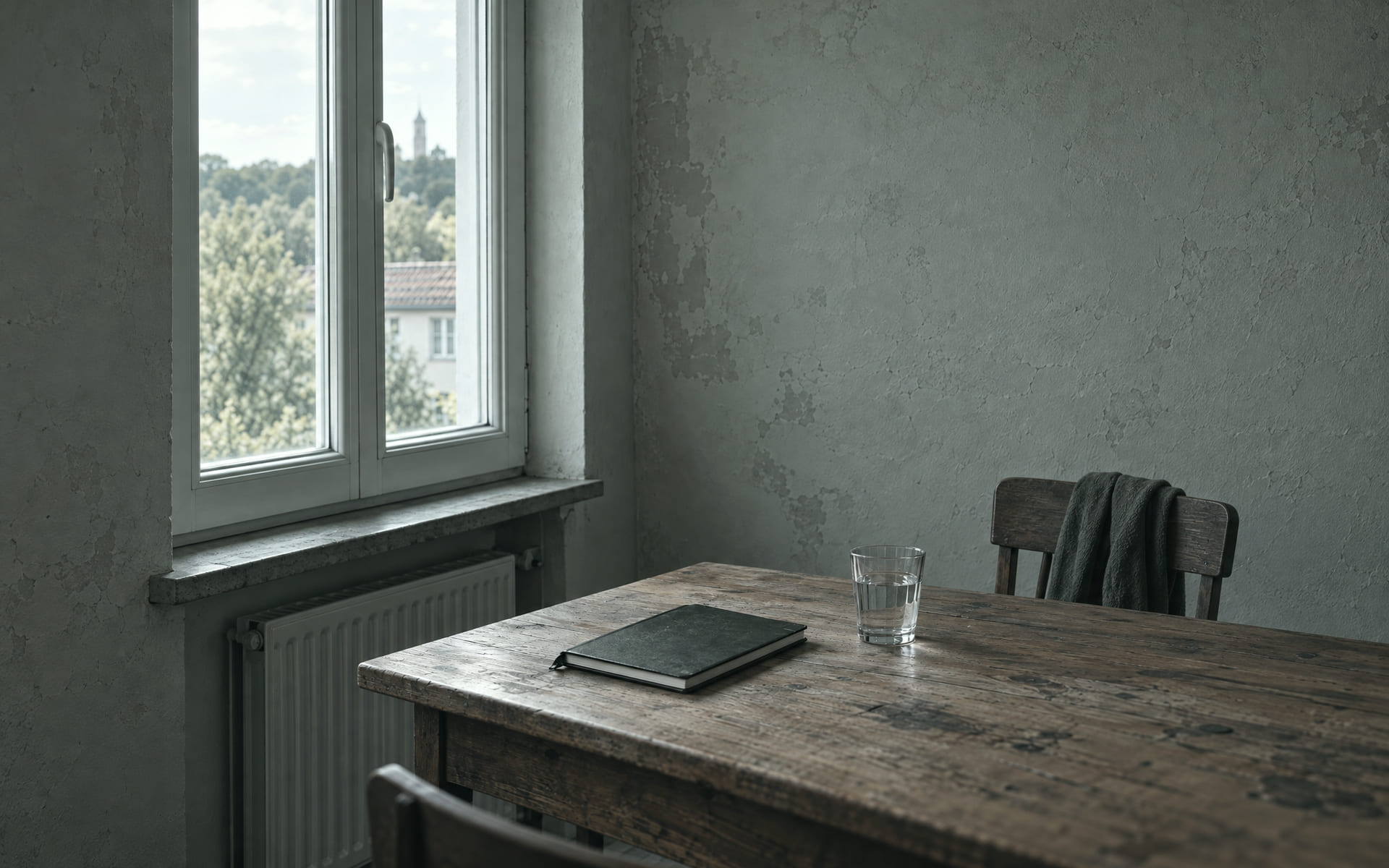 Ein einfacher Tisch an einem seitlich einfallenden Fenster, darauf ein geschlossenes Notizbuch und ein Glas Wasser.